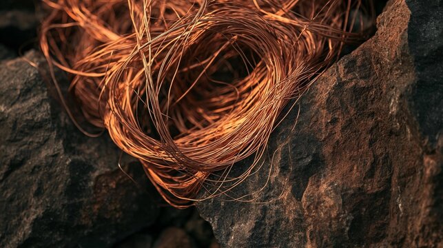Close-up of a coil of copper wire wrapped around a large rock. the wire appears to be tangled and twisted, with some strands overlapping each other.