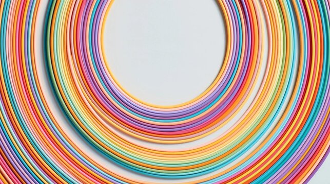 Abstract background with a circular shape in the center. the shape is made up of multiple thin, colorful lines that are arranged in a way that creates a sense of depth and dimension.