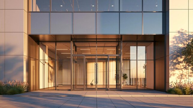 The entrance of a modern building with a large glass door. the door is made of glass and has a gold-colored frame.