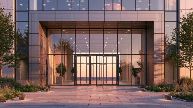 The entrance of a modern building with a large glass door. the door is made of glass and has a modern design with a curved shape.