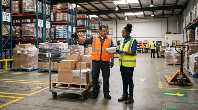 Dock lead coordinates freight lanes with floor associate after unload