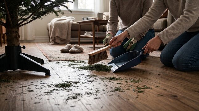 Cleaning loose pine needles after securing the indoor tree