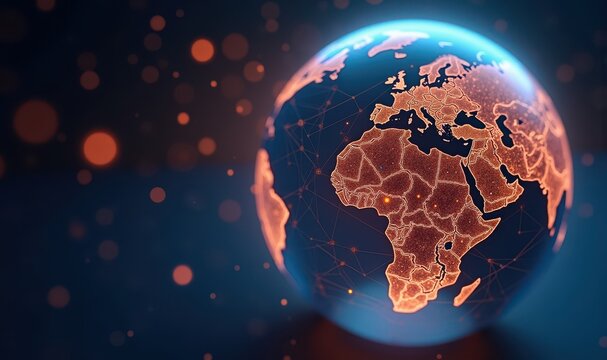 Globe turned to Africa Europe with amber grid lines, wide banner: African market pages, EMEA operations, development programmes, regional report headers