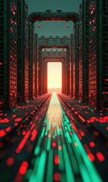 Red green light streams running down a server corridor toward a bright doorway: data centre pages, colocation offers, hosting plans, traffic explainers