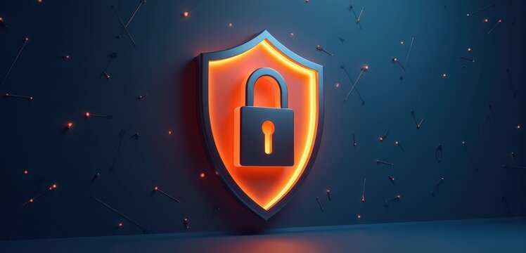 Orange shield with a padlock standing among red network nodes, wide banner: intrusion prevention, alert dashboards, security operations pages, risk reporting