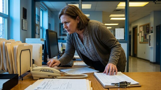 School secretary dialing landline for substitute coverage before morning classes