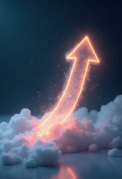 Coral particle arrow sweeps upward past white clouds on a dark blue background. Concept of startup launch pages, investor presentation slides, sales kickoff decks, and coaching course banners.
