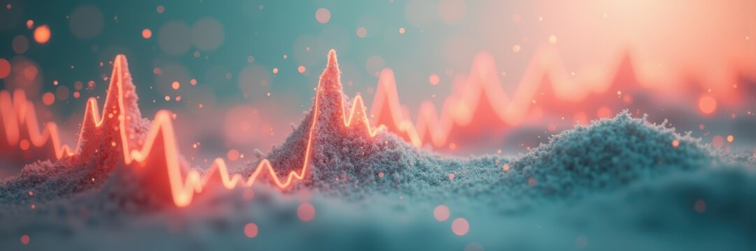 Red volatility line spiking above a particle landscape, panoramic header: risk dashboards, market alerts, hedging services, financial news site headers