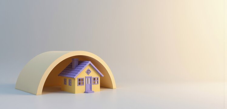 Tiny house tucked under a pale yellow arch, wide empty right side, presentation slide: insurance decks, policy explainers, pitch reports, corporate cover pages