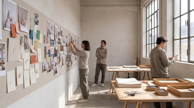 Creative team gathers around a wall prompt board in a daylight studio