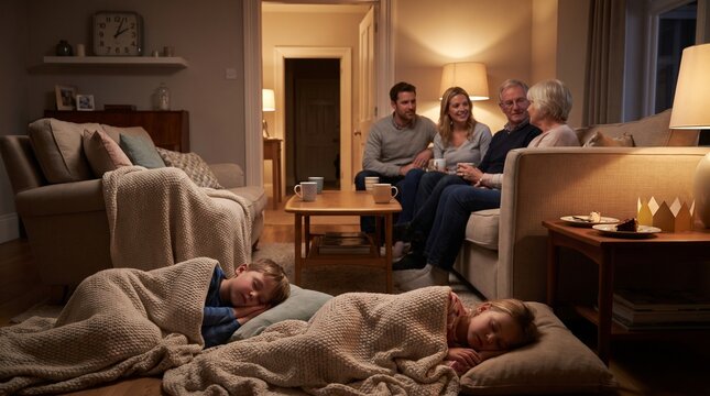 Children asleep after midnight while family lingers in warm quiet