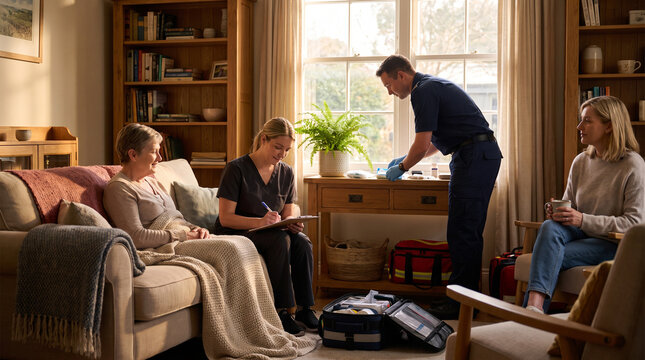 Home acute care team stabilizes a patient in a living room