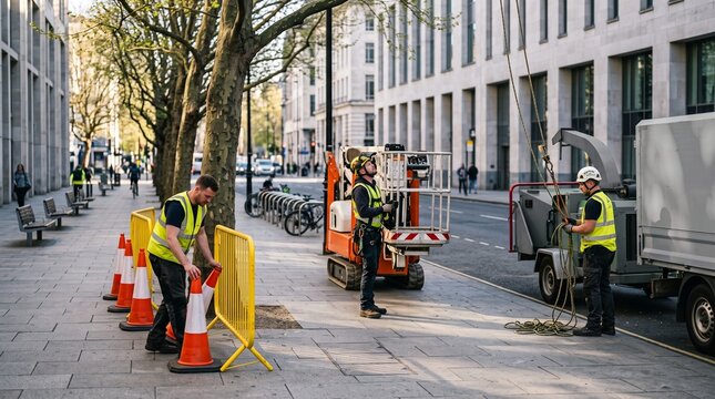 Municipal arborists set up a safe street tree maintenance zone