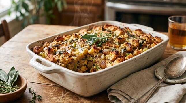 Thanksgiving Day stuffing dish on a rustic wooden table  