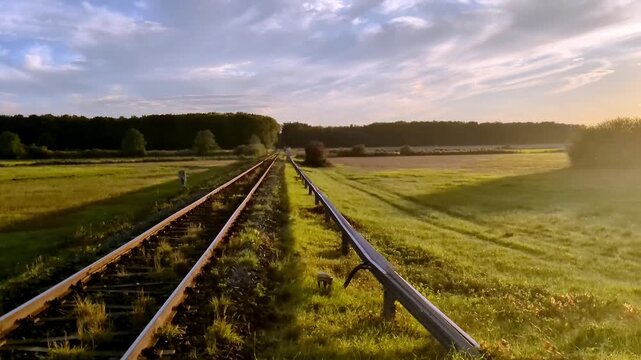 single railway track, steel rails, iron lines, railroad tracks, train path, transportation infrastructure, rural landscape, green fields, wooden fence, sunset horizon