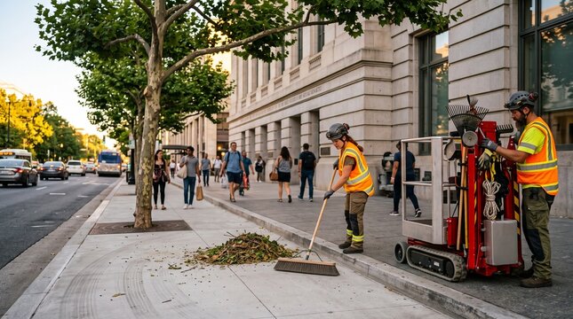 Final sidewalk cleanup after municipal street tree pruning work