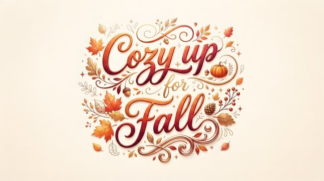 Cozy Fall Hand Lettering with Autumn Leaves and Decorative Seasonal Floral Illustration