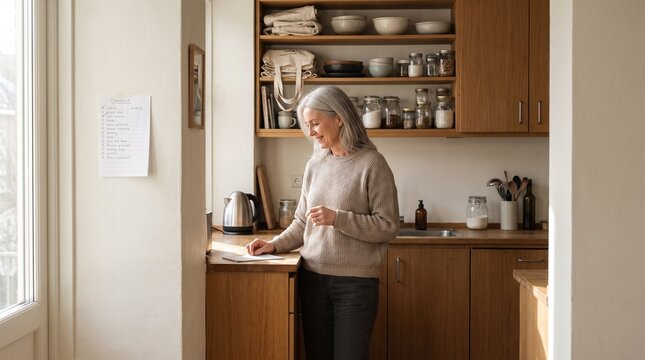 Older adult organizing household routines in a contemporary kitchen