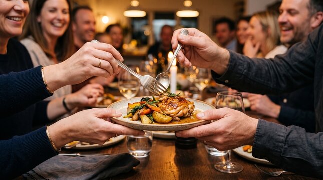 Close hands pass the first plated portion across the holiday table