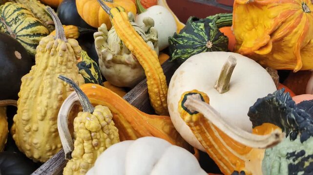 colorful autumn harvest pumpkins and gourds, orange, white, pink, striped, seasonal vegetables, fall decorations, harvest festival, pumpkin patch