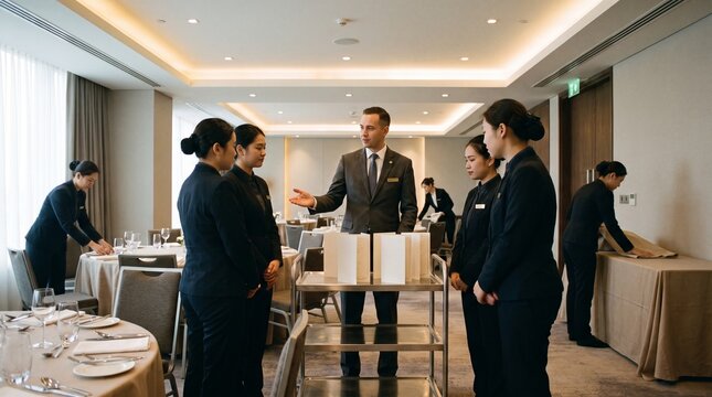 Banquet captain briefs service team before conference guests arrive