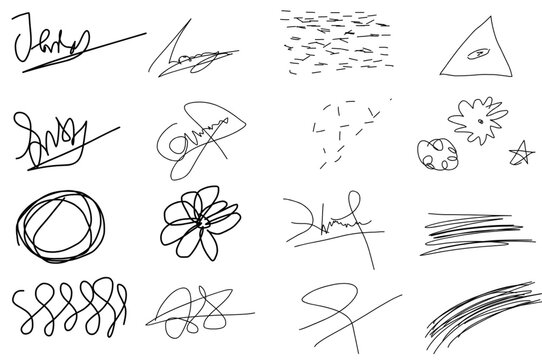 Hand-drawn doodle style signature and icons set
