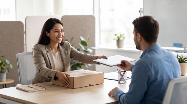Welcome kit laptop handoff at bright desk during new hire onboarding