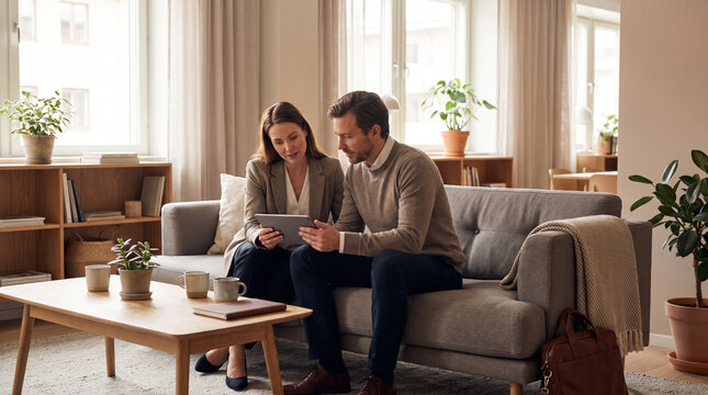Onboarding tablet coaching in cozy breakout area with hr manager and new hire