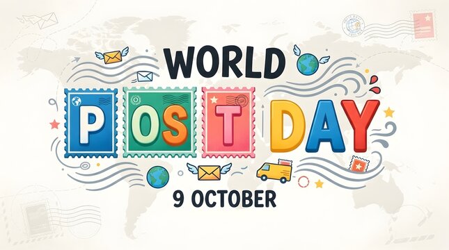 Colorful World Post Day typography with postage stamps, envelope illustrations, and October 9 date