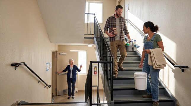 Residents carry paint and cleaning supplies through a common stairwell
