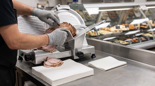 Deli clerk slicing roast behind a clean supermarket counter