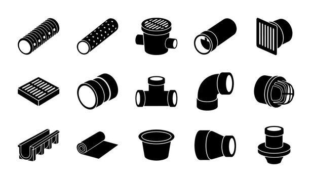 Srainage system icons, 15 black isometric vector elements for plumbing and sewage, professional pipe fittings and water management collection