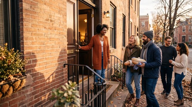 Friends arrive with homemade dishes for a November dinner gathering