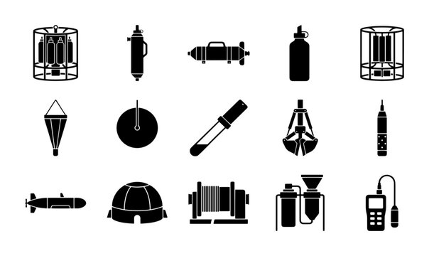 Oceanographic research equipment icons, 15 marine science instrument silhouettes, underwater exploration and deep sea sampling tools vector set
