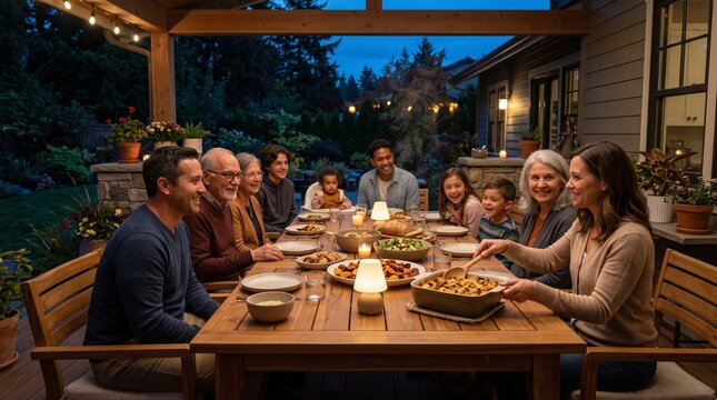 Family begins serving supper after a quiet moment of thanks