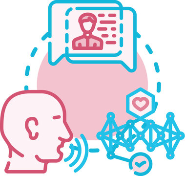 Symbolic interactionism illustrating people communicating with speech bubbles and a heart, a human hand shaking a robot hand, and a divided heart with a hand indicating no hate