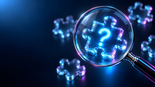 Magnifying glass focusing on a glowing puzzle piece with a question mark. Concept of business challenge, problem solving and complexity management.