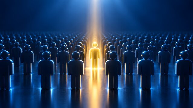 Glowing yellow figure standing among blue silhouettes under a spotlight. Concept of corporate leadership and talent acquisition.
