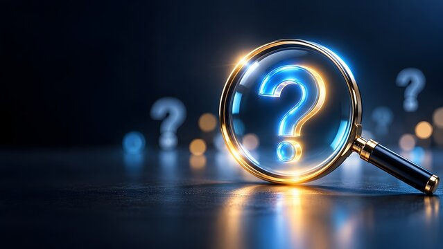 Magnifying glass focusing on a glowing blue question mark. Concept of business challenge, problem solving and strategic decision making.