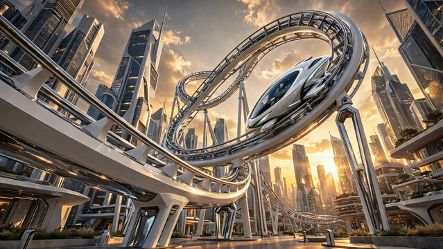 Futuristic magnetic levitation roller coaster in modern city at sunset