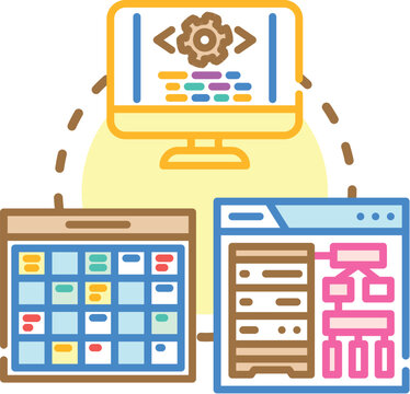 Oop concept illustrating class hierarchy, developing software, coding, and monetizing applications with digital data, user interaction, and revenue generation