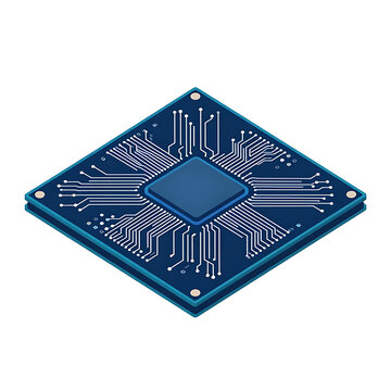 Blue microchip with visible circuit lines and four corner holes, isolated on a white background.