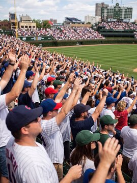 Baseball fans raising hands and cheering in packed stadium stands. Sharing absolute excitement and passionate team support together. Baseball fan culture and sports entertainment group.