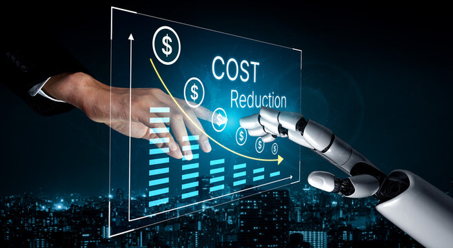 Futuristic Robot Hand Interacting with Financial Data Displaying Cost Reduction and Growth Trends in Urban Landscape at Night. Bitwise.