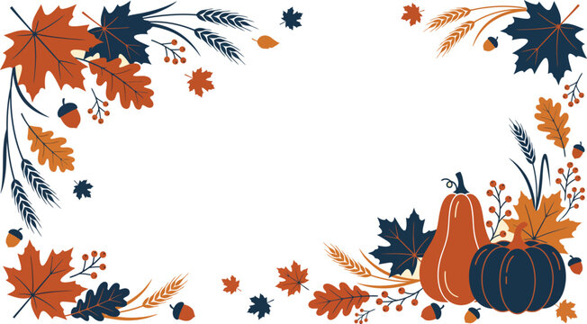 Autumn harvest border with colorful maple leaves and pumpkins isolated on a white background for seasonal design