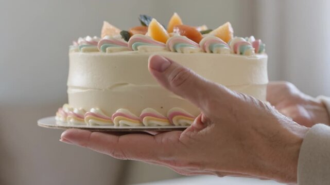 Close-up of hands presenting a pastel buttercream cake with rainbow piped rosettes and fruit topping on a cake board, soft natural light, blurred neutral interior background.