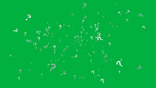 Isolated question marks flying forward green screen chroma key arriving mystery confusion motion video 4k