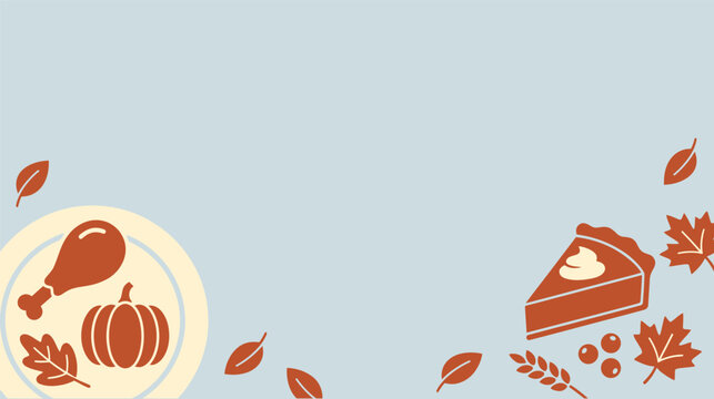 Thanksgiving holiday background with roasted turkey pumpkin pie and autumn leaves on a soft blue backdrop