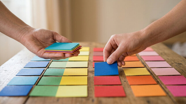 Hands arranging colorful square cards on a wooden table