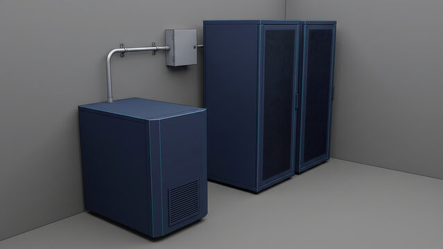 壁面配管と分電箱で二台のサーバーラックに接続した無停電電源装置のデータセンター